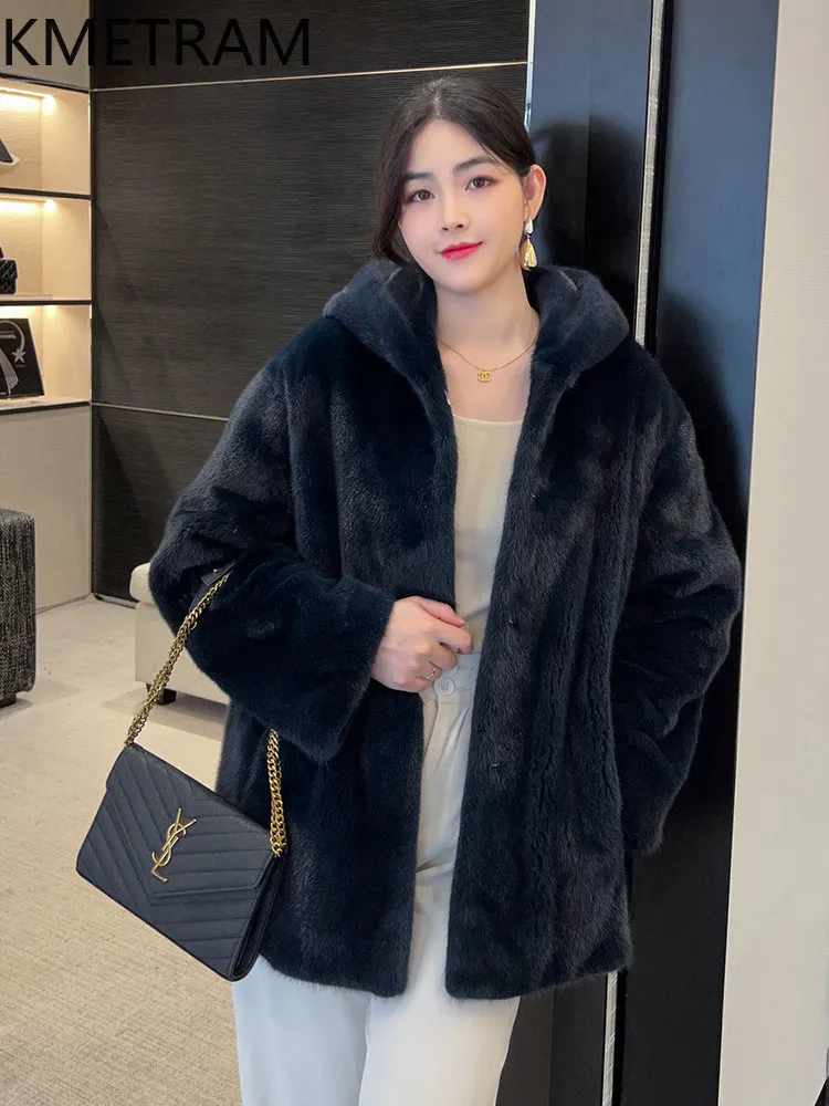 Chaqueta de Piel de Visón 100% Natural de Grado Terciopelo KMETRAM, Abrigo de Piel de Visón Real Informal para Mujer con Capucha, Ropa de Invierno para Mujer 2026 Fourrure
