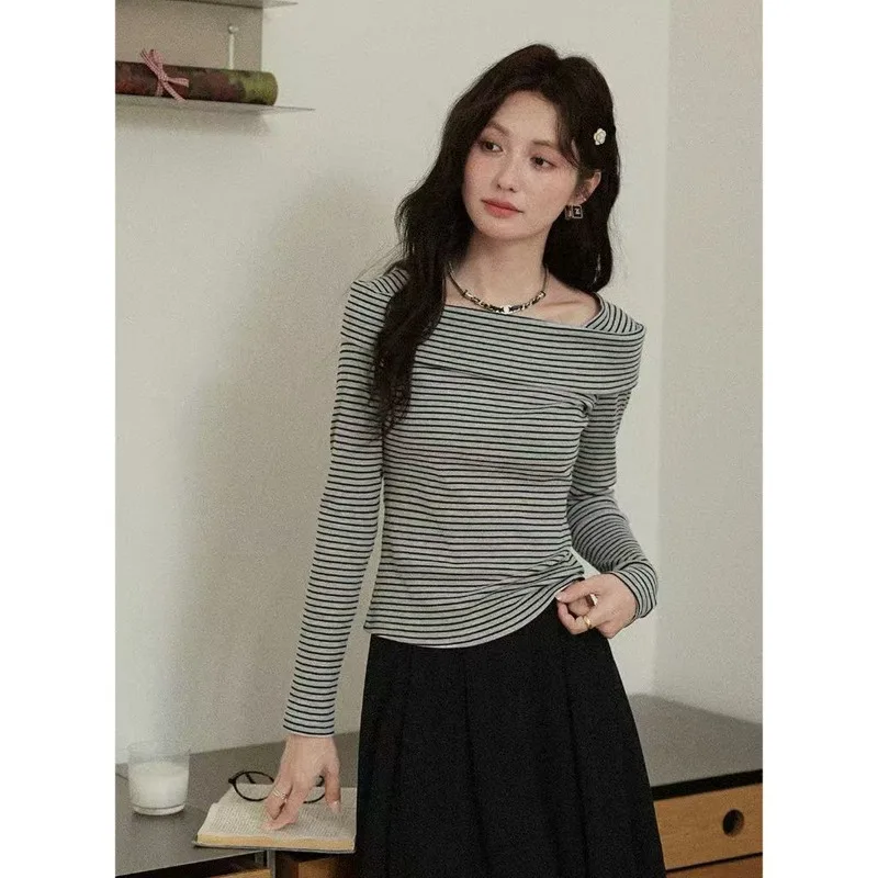 Women Striped Long Sleeve T Shirt Off Shoulder Slim Fit Casual Fall Basic Top For Curvy Figures