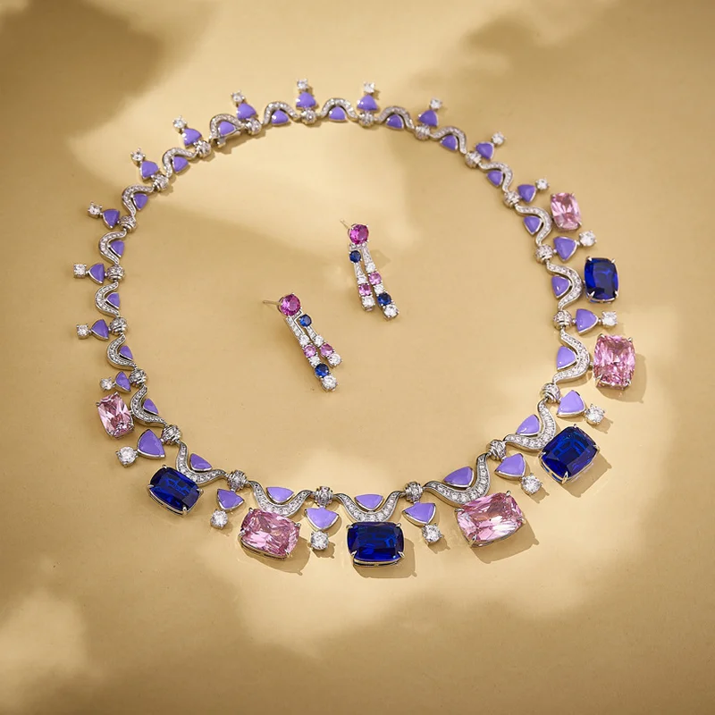 

Серьги-гвоздики в европейском и американском стиле, ожерелье, женские инкрустации, розовый, синий, квадратный, с кубическим цирконием, эмаль, колье, наборы ювелирных изделий для ужина и вечеринки