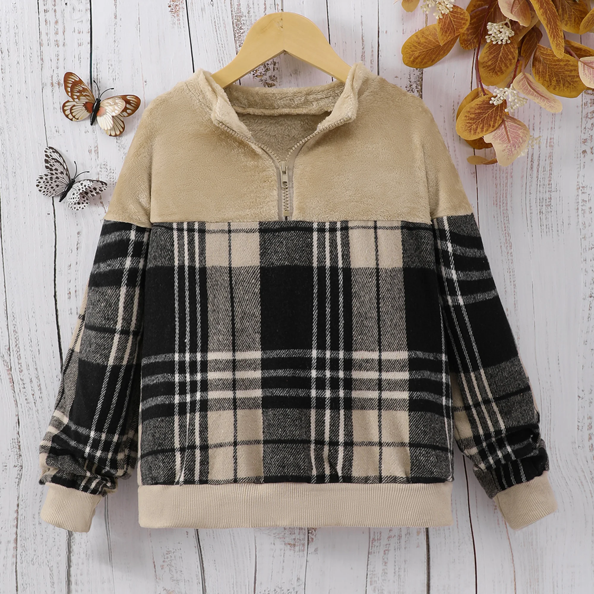 

Autumn and Winter Fashion Casual Children Clothing Long Sleeved Plaid Plush Patchwork Sweater for Children's Clothing Girls' Top