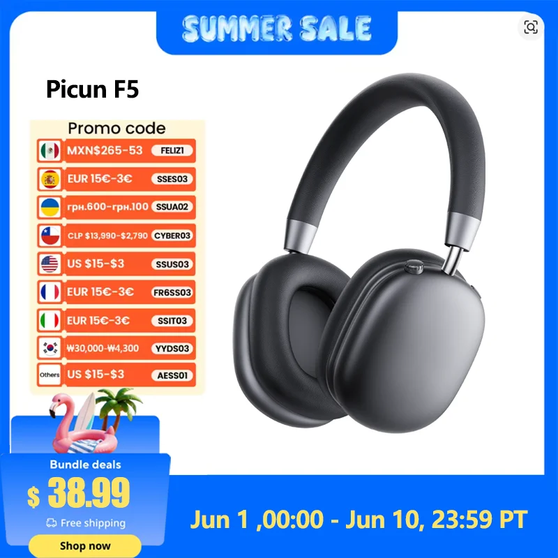 Picun F5 ANC Wireless Bluetooth 5.3 Headphones Hi-Res Audio Over Ear Headset 25dB Adaptive Noise Cancellation Earphones 50H