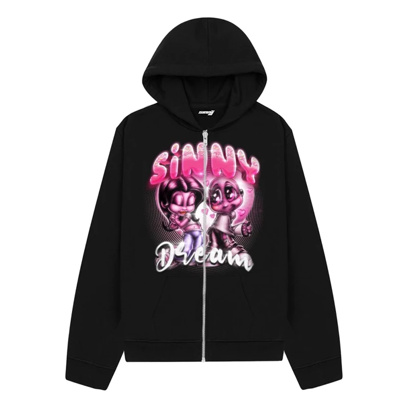 Harajuku Cartoon Print Zipper Sweatshirts Sportswear Zip Up Hoodie Black Long Sleeve Vintage Punk Winter Clothes Y2k Streetwear