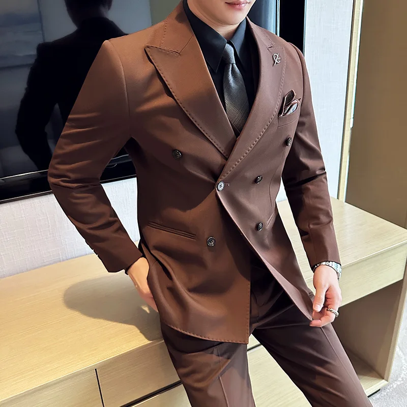 (Jackets +Pants ) Men's Suits 2 Piece High-Quality Double Breasted Lapel Solid Business Groom Wedding Tuxedo Banquet Clothing