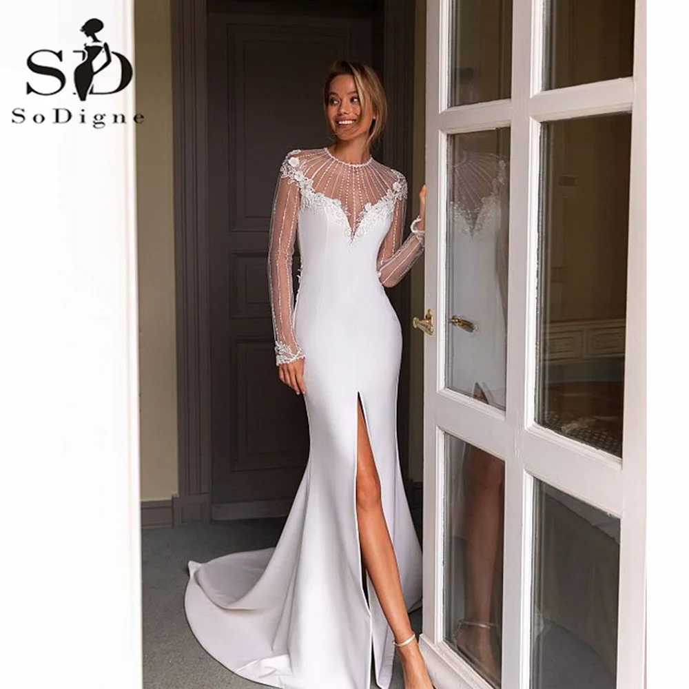 

SoDigne Satin Wedding Dresses O Neck Mermaid Bridal Gowns Beach Beads Illusion High Split Wedding Gown vestido de noiva