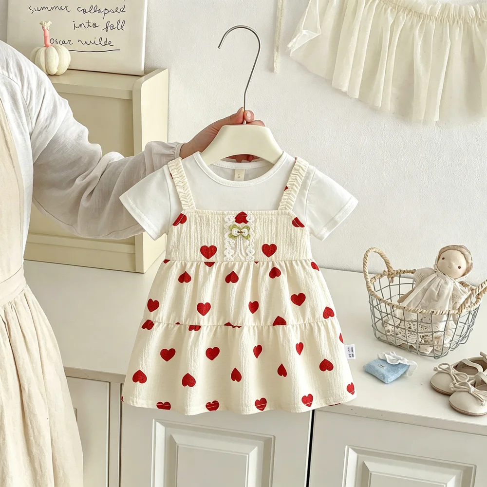 Baby Dress Summer Full Printed Love Short Sleeved Girls' Dress Cute Bow Beach Children's Dress Baby Girl Clothing