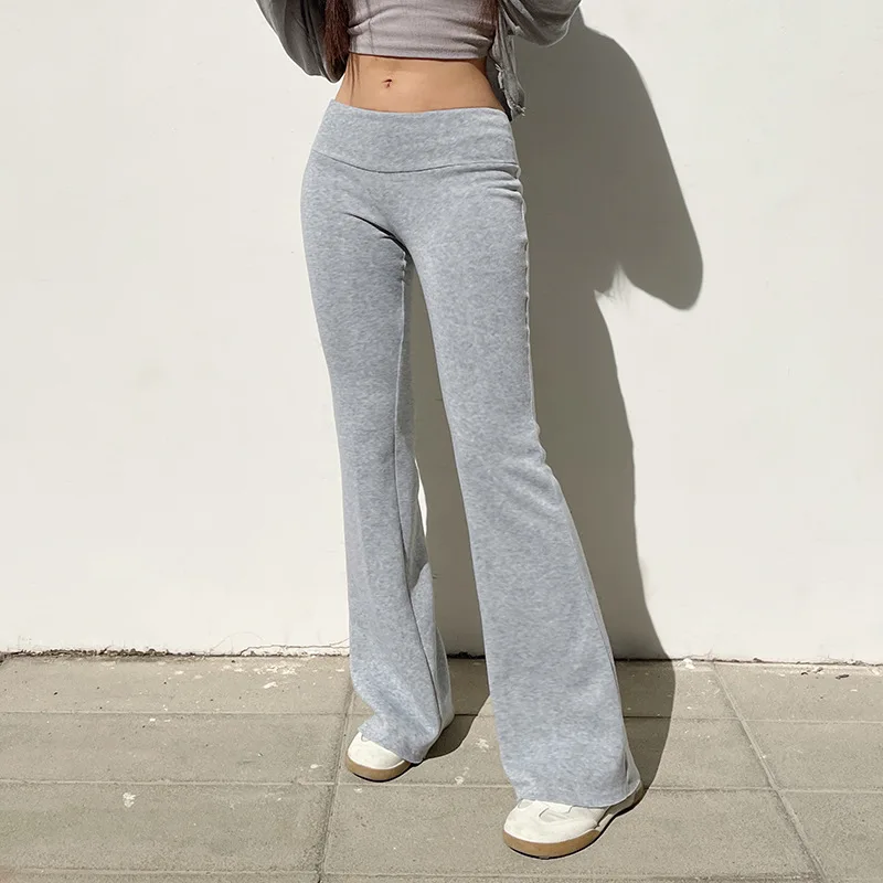 Solid color thin velvet casual pants, low waist versatile bell bottom pants, slim fit bottom woolen pants for women