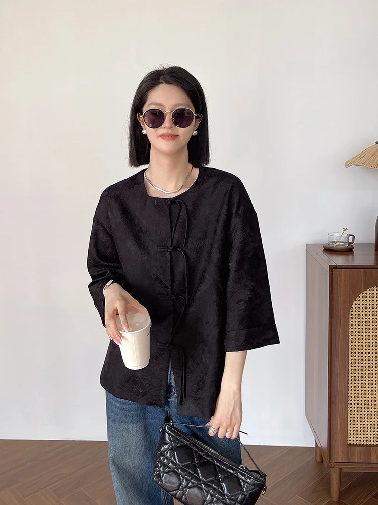 

Ele Bla Silk Jaet Women's Svel Top Korean Faion Straight Cut Autumn New Sle round Ne Single Button Closure