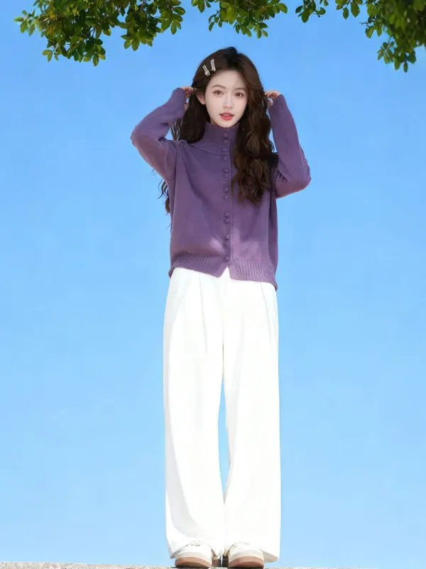 

Retro Korean Sle Long Sve Loose Fit High Collar Women's Sweater Purple Color Spring Faionable Youthful Top