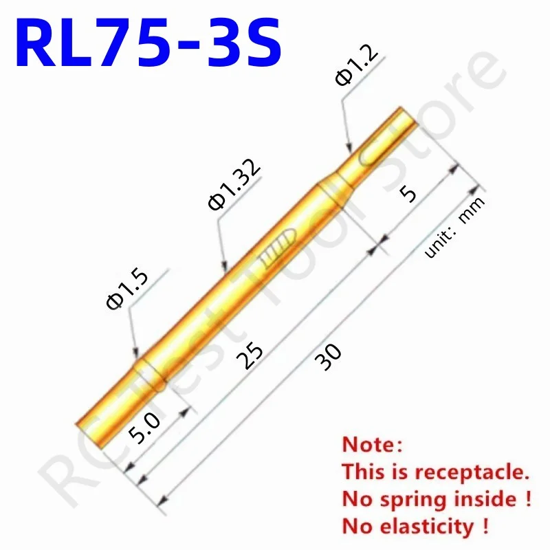 100PCS RL75-3S Test Pin PL75-B1 Receptacle Brass Tube Needle Sleeve Seat Solder Connect Probe Sleeve 30mm Outer Dia 1.32mm