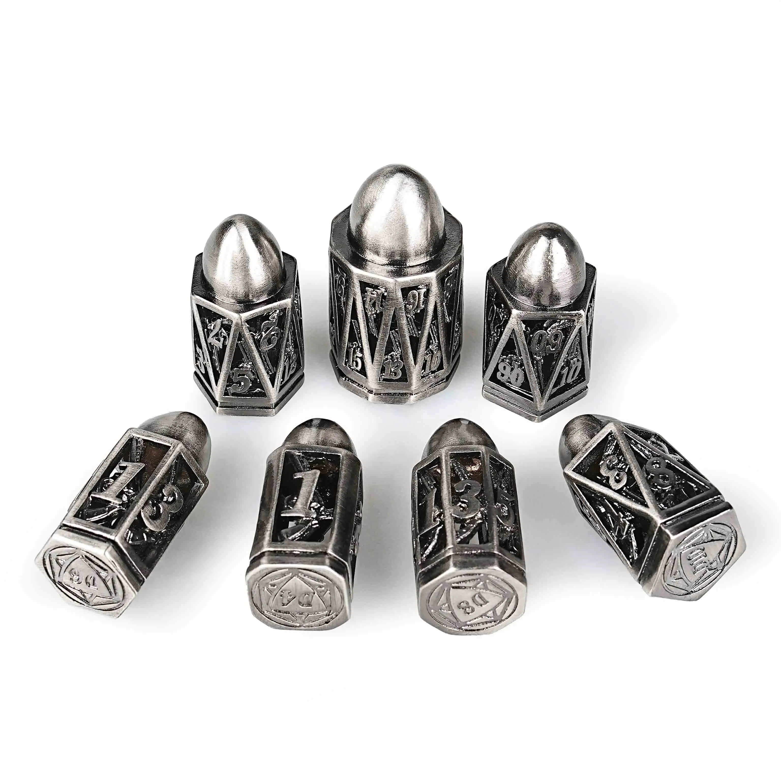 

7Pcs DND Dice Silver Hollow Metal Dice TRPG D&D Board Games Dungeons Dragons TRPG Polyhedral Digital Dice Table Game