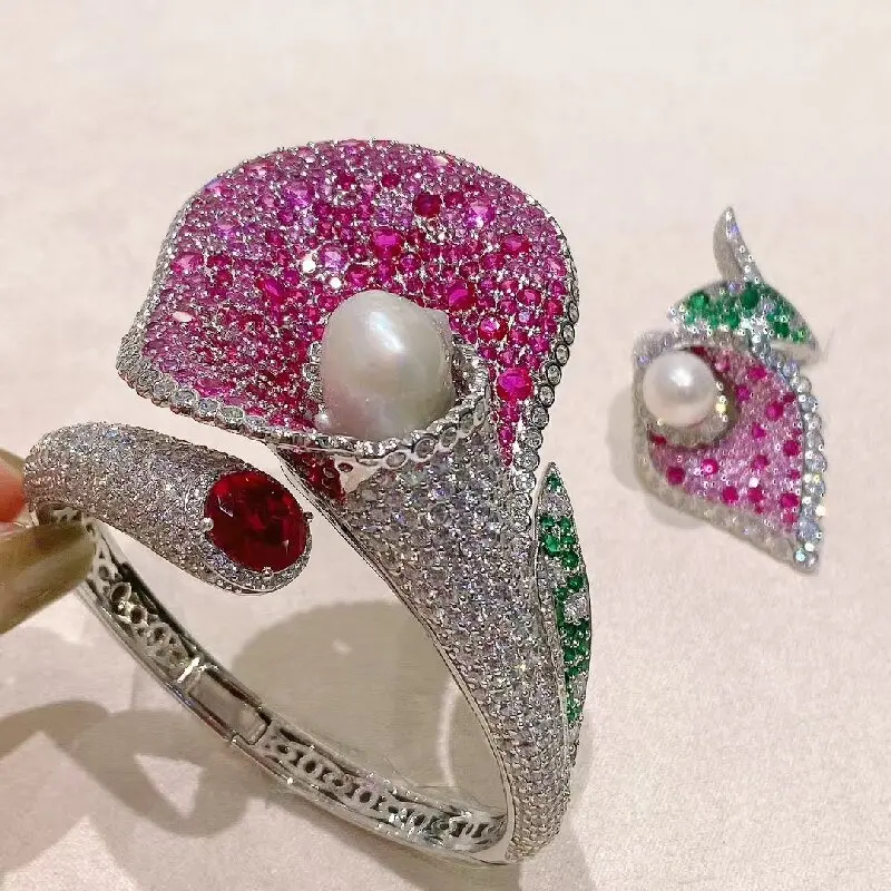 

KQDANCE 925 Sterling Silver Fresh Water pearl open Bangle Fashion Elegant Pink Blue Zircon Flower Bangle For Women