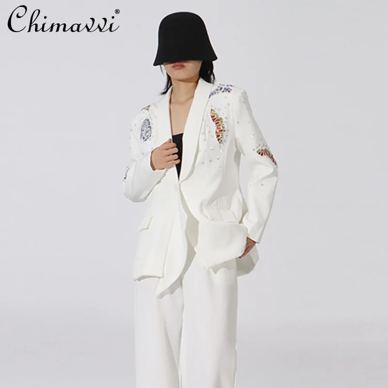 French Style Elegant Commuter Jackets Fashion Beaded Diamond Versatile Single Button Slim Fit Blazer Coats for Women 2025 Autumn