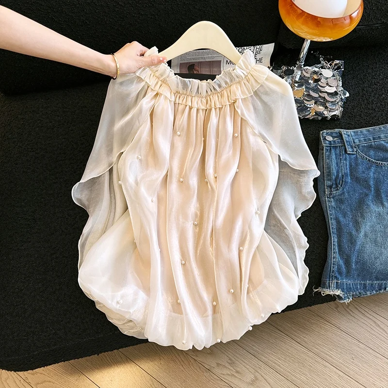 

Элегантный женский летний топ в стиле преппи с коротким рукавом, красивый, с открытым плечом, с воротником-хомутом, из пашмины