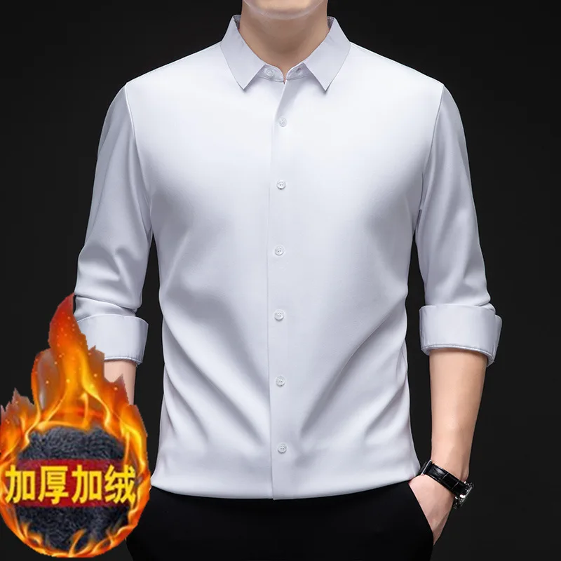 Winter men's velvet long sleeved seamless shirt, middle-aged business casual warm shirt, solid color lapel trendy men's top
