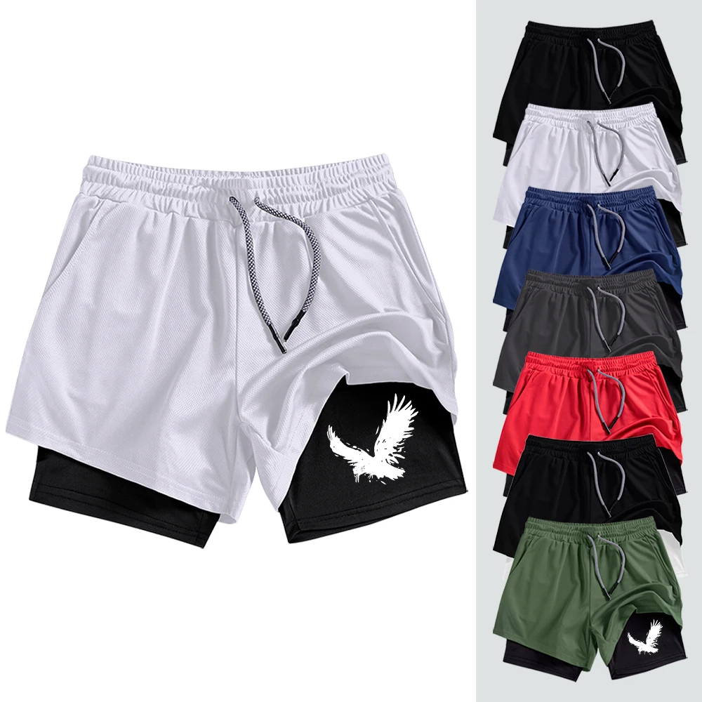 

Summer Men's Quick Dry Athletic Fitness Short Pants Double Layer Inner Liner with Pockets Towel Loop Wings Eagle Graphic Print