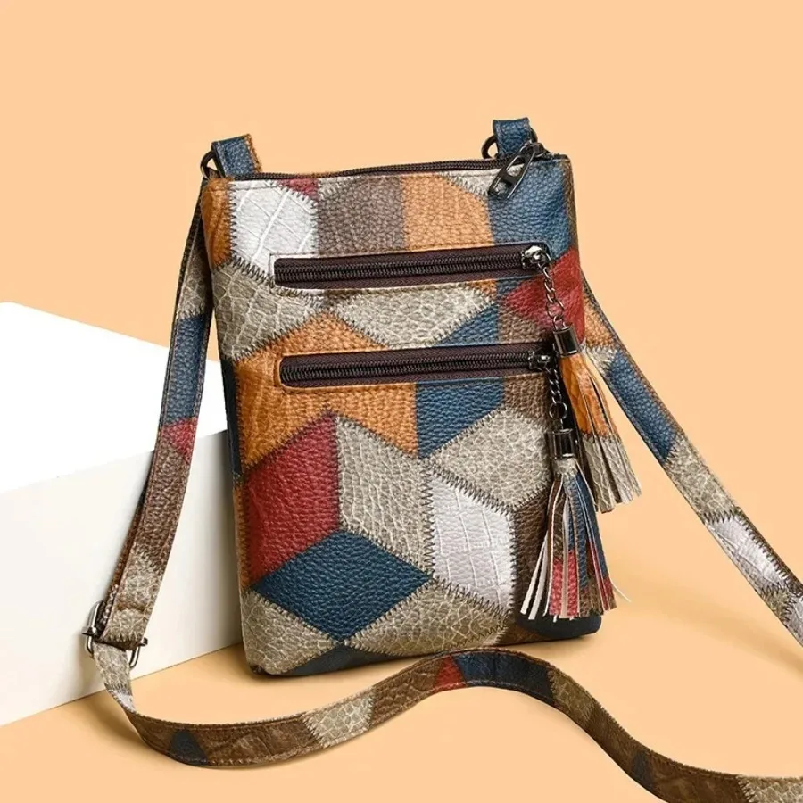 

New exquisite foreign-style soft leather multi-pocket diagonal cross shoulder bag fashion color collision plaid tassel wallet