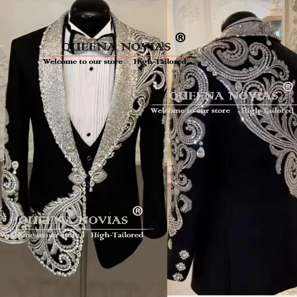 Luxury Men Wedding Suits Groom Formal Occasion Dress Sparkly Beaded Stones Prom Blazers Customized 3-Piece Man Banuqet Tuxedos