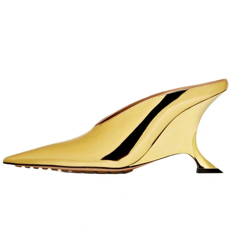 Pointed Strange Heels Sandals Women Gold Shallow Designer Slippers Fashion Wedge Sandals Female Patent Leather Sexy Pumps Women