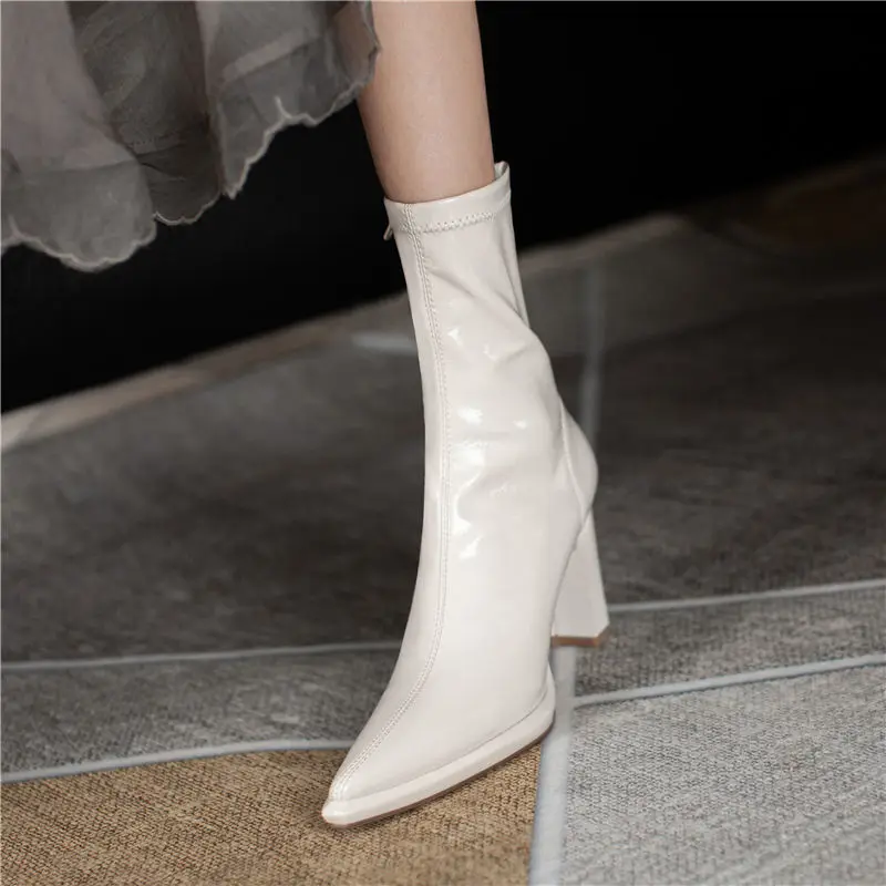 White Western Shoes for Woman Punk Mid Calf Pointed Toe Women\'s Boots Footwear Black Half High Work Hot Designer Luxury Gyaru Pu