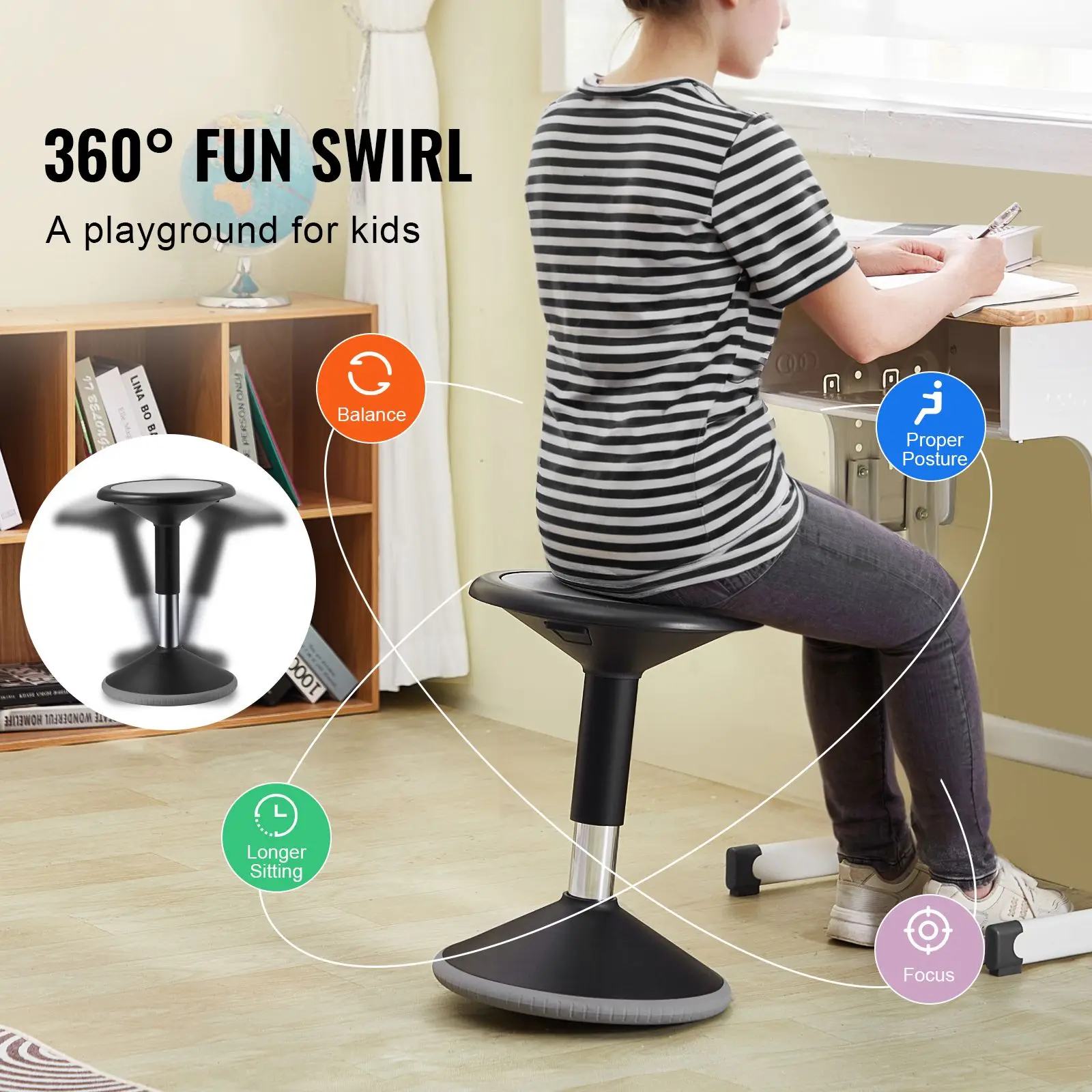 Wobble Chair, Height-Adjustable (15.7-21.7") Active Chair, Flexible Seating Wobble Stool Made of PVC+ABS Improves Focus & Posture, Ideal for Schools, Office and Home, Age 12-18, Black