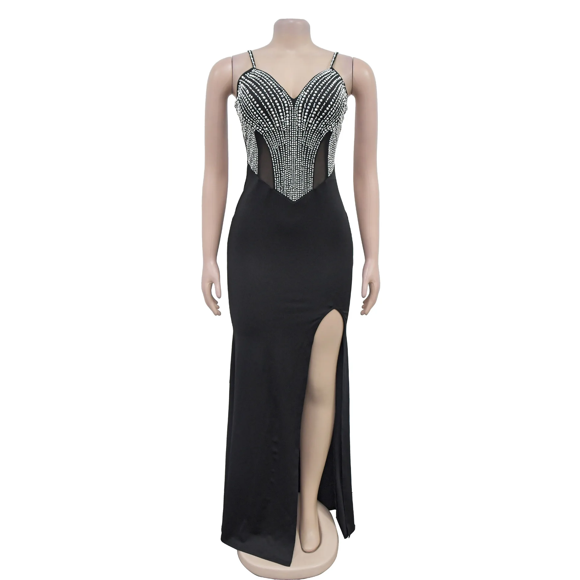 ELKE Elegante Vrouwen Diamanten Hot Steentjes Mouwloze Bodycon Lange Maxi Jurk 2025 V-hals Sexy Club Zelfs Party Jurken Vestidos