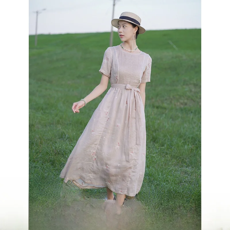 Vestido de Lino Bordado Ele, de una Pieza 5350, de Dos Piezas 4280, Estilo Artístico, Hermosa Falda Larga, Manga Corta, Cuello Redondo