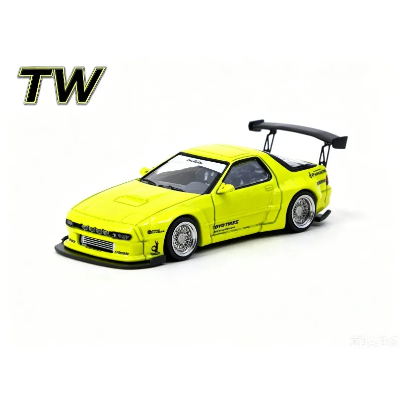 Modèle de voiture en alliage jaune Pandem Mazda RX-7 FC3S TW 1:64, objets de collection pour adultes, ornements de simulation, cadeaux de vacances, jouets pour garçons.