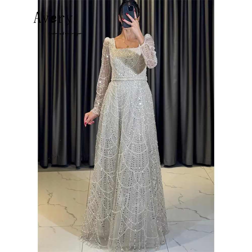 

Avery Custom Белые вечерние платья трапециевидной формы с длинными рукавами и бусинами, свадебные платья для гостей, роскошные платья 2025, вечернее платье для женщин и женщин