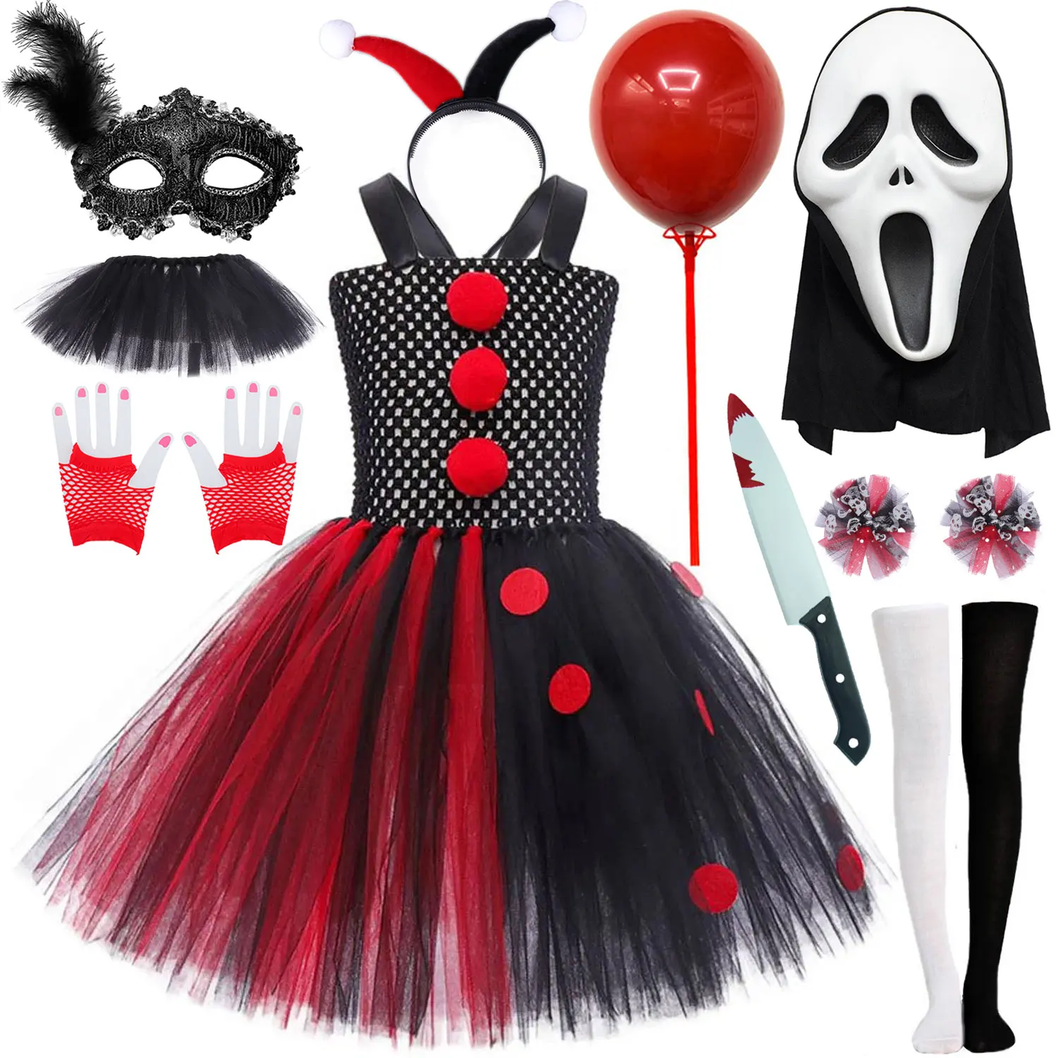 2026 Halloween Trick or Treat Black Red Puffy Clown Dress Girls Playing Joker Birthday Holiday Party Dress + Accessories Set