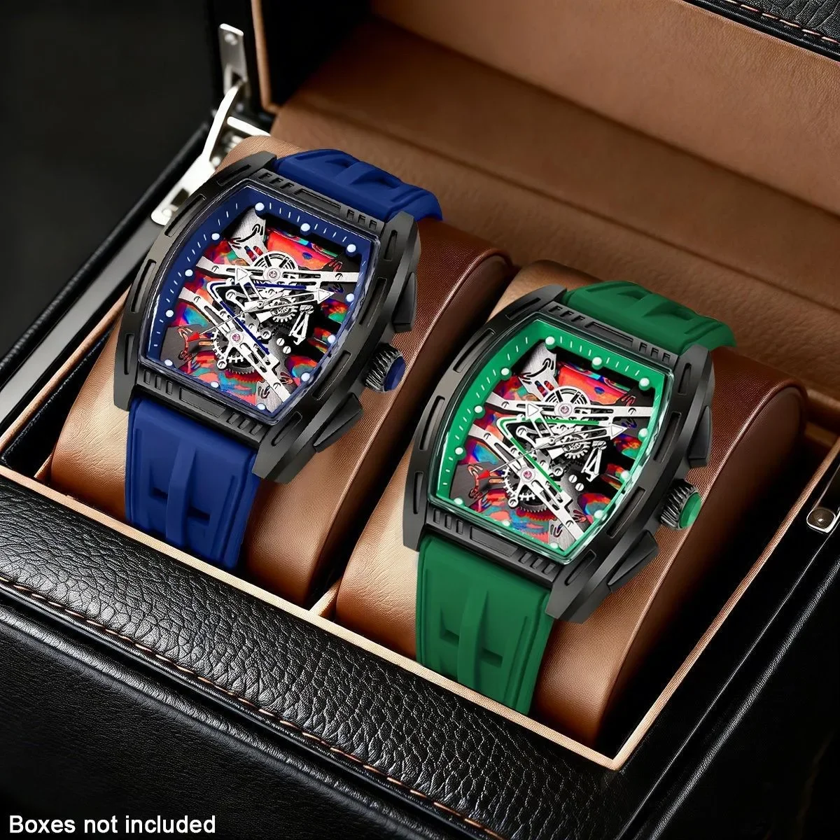 2PCS  Men Charming  Watches Set Silicone Strap Tonneau Skeleton Dial Male's Quartz Wristwatch Relogio Masculino（Without Box）