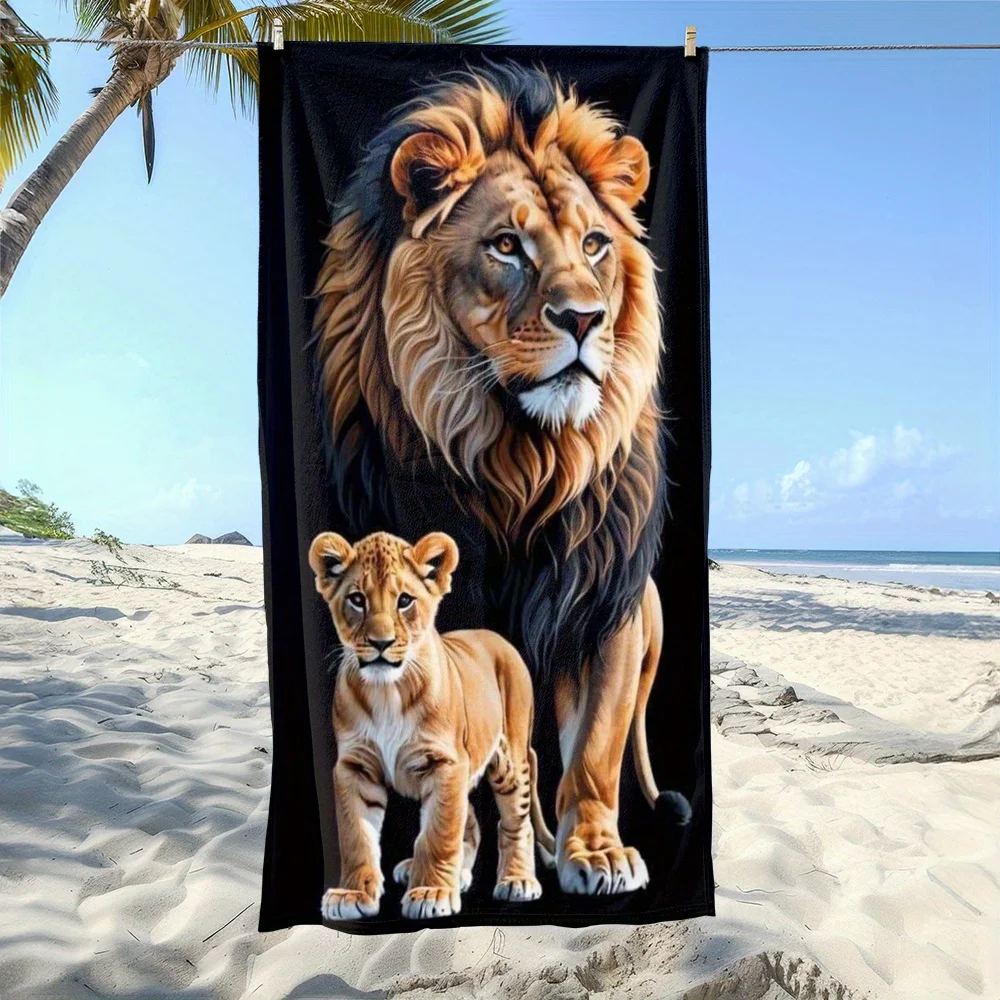 1 toalla de playa con estampado de la familia de leones africanos Microbre: Ideal para la playa y la piscina, elegante y absorbente para el verano, tamaño grande