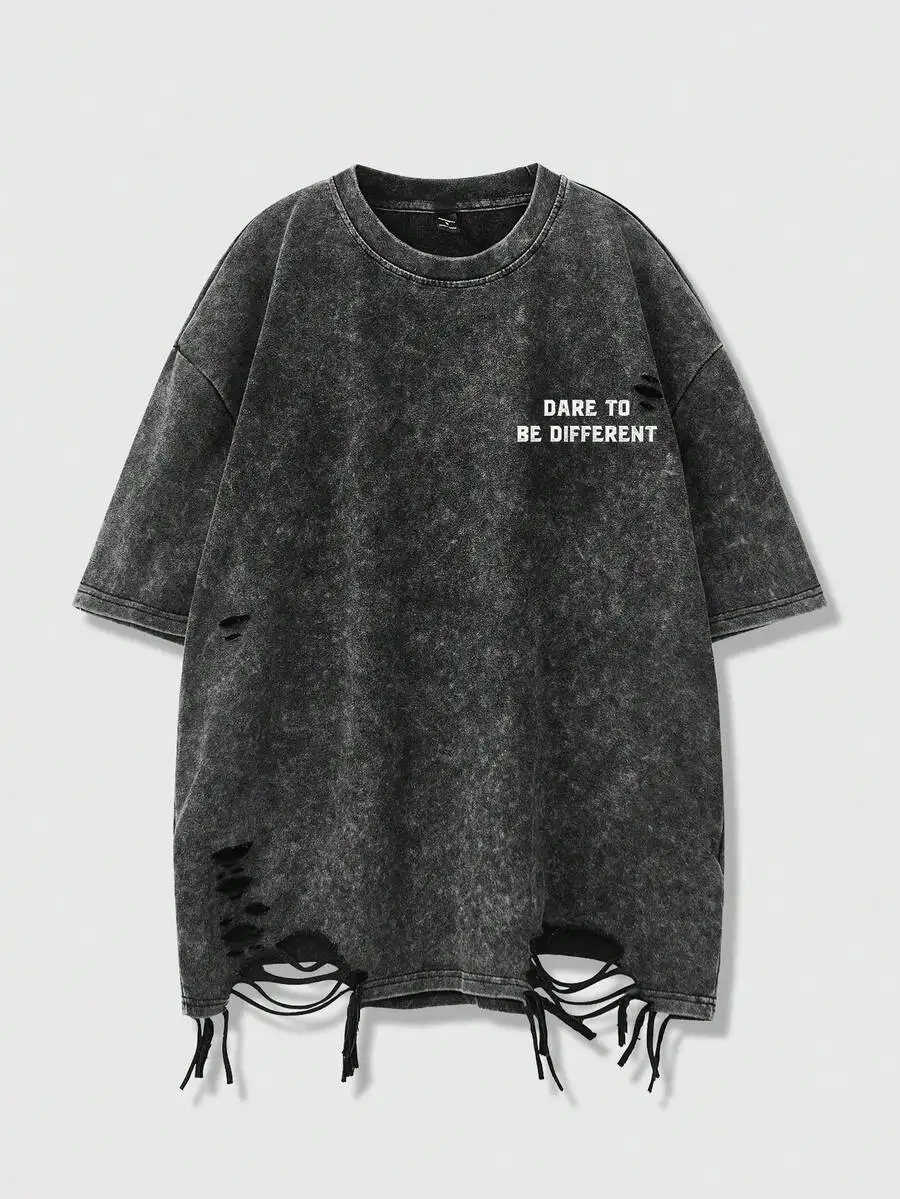 

Men's Distressed Oversized T-Shirt with Slogan Print, Loose Fit Casual Tee
