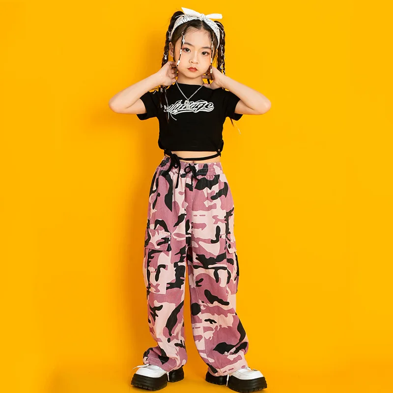 Costume de danse de rue pour filles, haut court noir, t-shirt à manches courtes, pantalon camouflage rose pour enfants, vêtements hip hop, spectacle de jazz, vêtements de scène