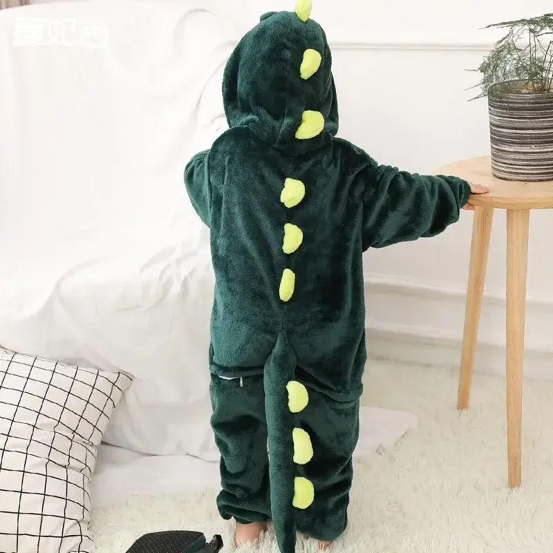 Kids Onesies Boys Girls Green Dinosaur Pajamas Flannel Sleepwear Nightwear Animal Cosplay Costume Halloween Party Funny Outfits