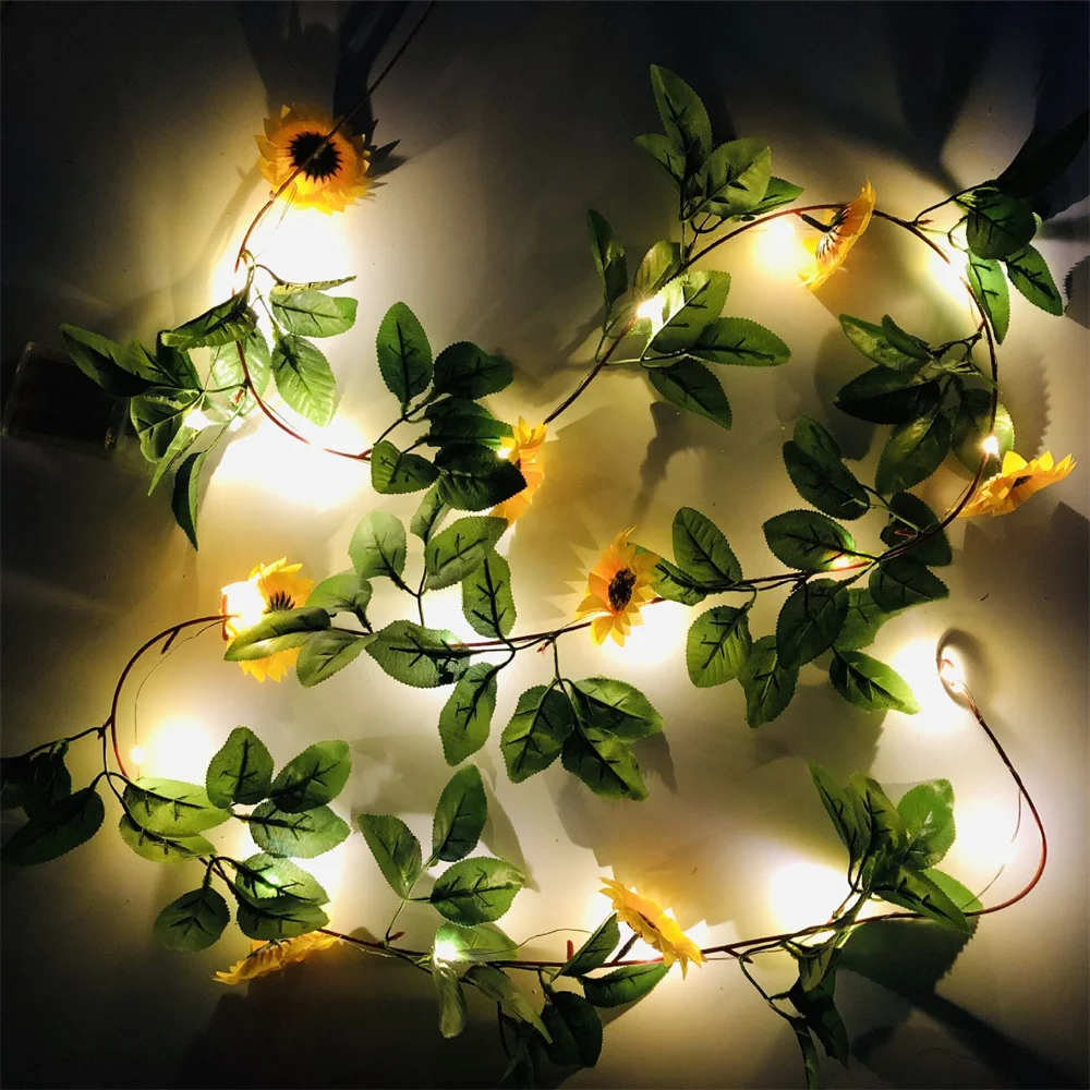 2M 20 Led Sunflower Vine Branch String Lights Battery Powered Flower Warm White Garland Light for Garden Home Party Decoration