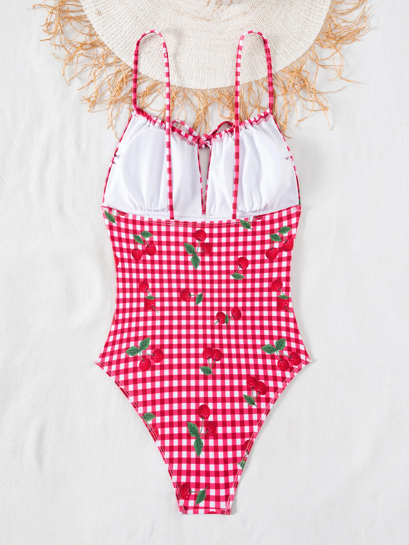 2026 Cherry Print Modest One Piece Swimsuit Women Tummy Control Ruched Push Up Triangle Monokini Beach Vacation Summer Bodysuit