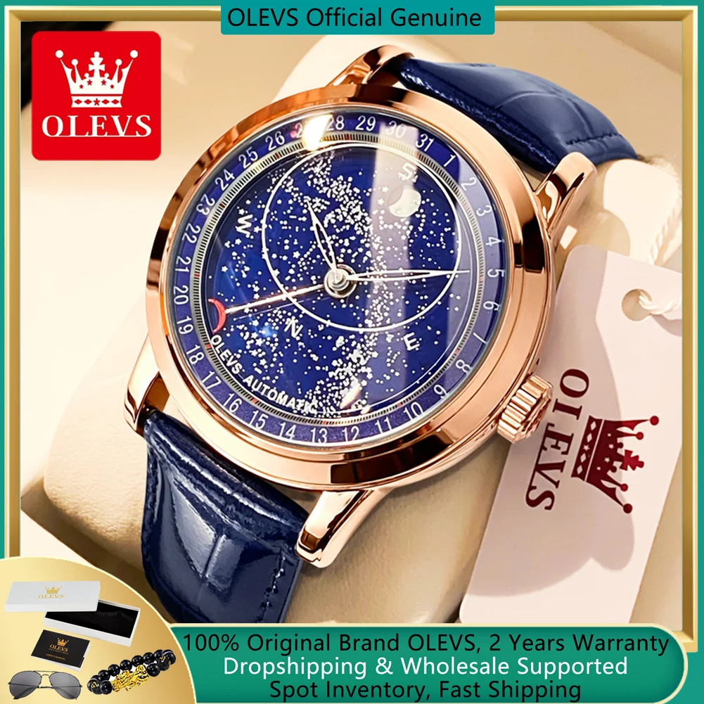 OLEVS reloj mecánico automático de fase lunar para hombre, reloj de pulsera giratorio único, segundo reloj luminoso de estrella Moonswatch, reloj de