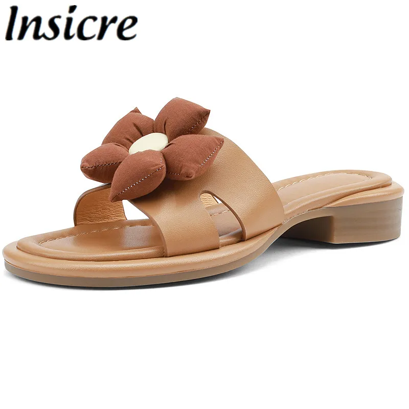 

Insicre 2024 Sweet Slippers Cow Leather Thick Low Heels Round Toe Flower Women's Sandals Round Toe Handmade Summer Shoes