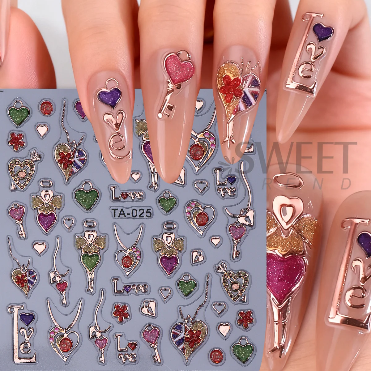 Shimmer Bronzing Key Heart Nail Art Stickers Valentine's Chain Lip Kiss Love Bow Design Pink Red Glitter Decals Manicure Decor