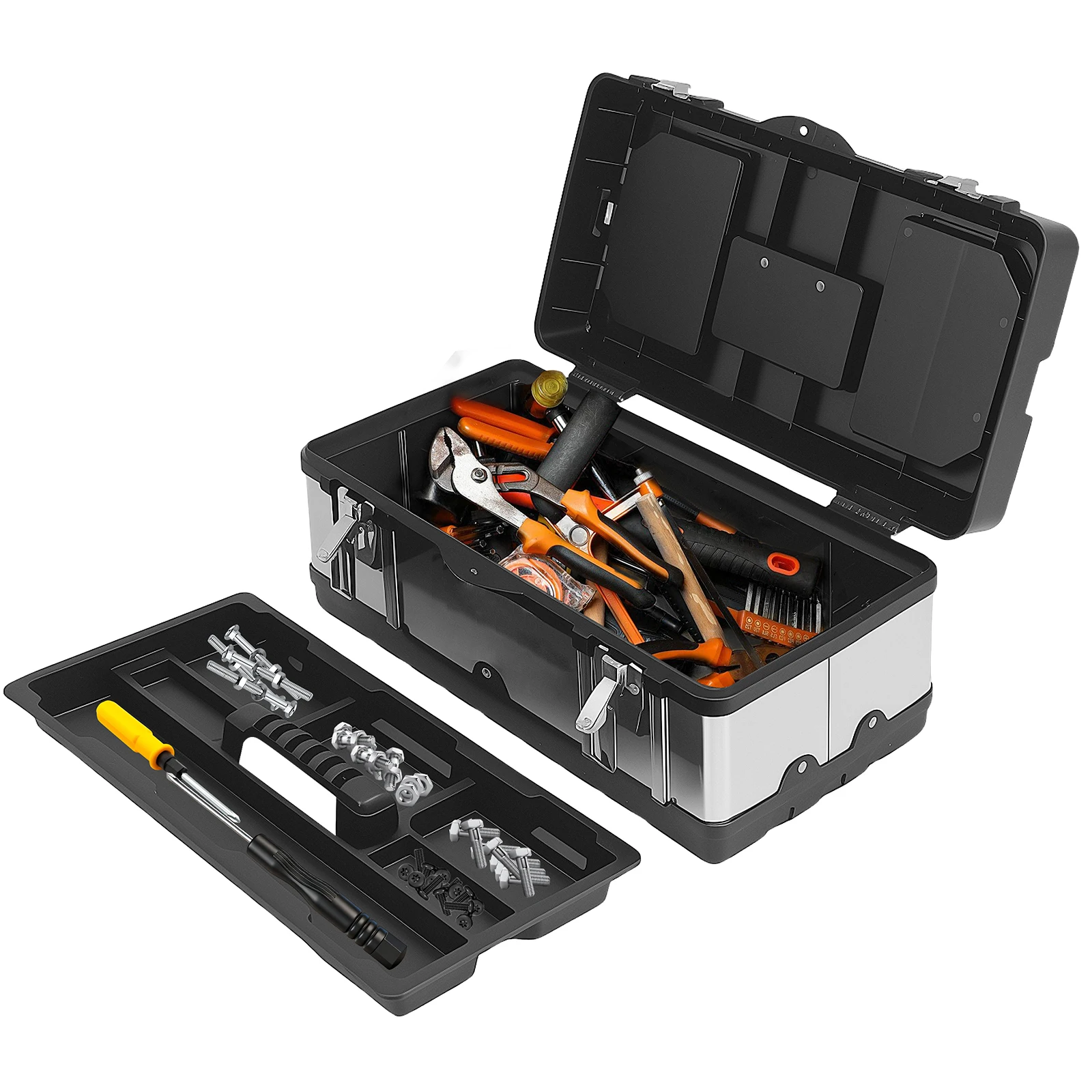 

Portable Tool Box Heavy Duty Plastic and Stainless Steel Tool Storage Case with Removable Tray for Electrician Auto Repair