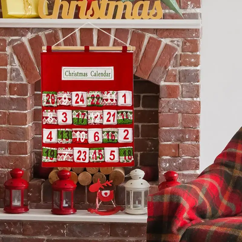 ปฏิทินนับถอยหลังแบบแขวนได้ ถุงเก็บขนมหลายชั้นพิมพ์ลาย ผ้าปฏิทินจุติคริสต์มาสพร้อมกระเป๋า