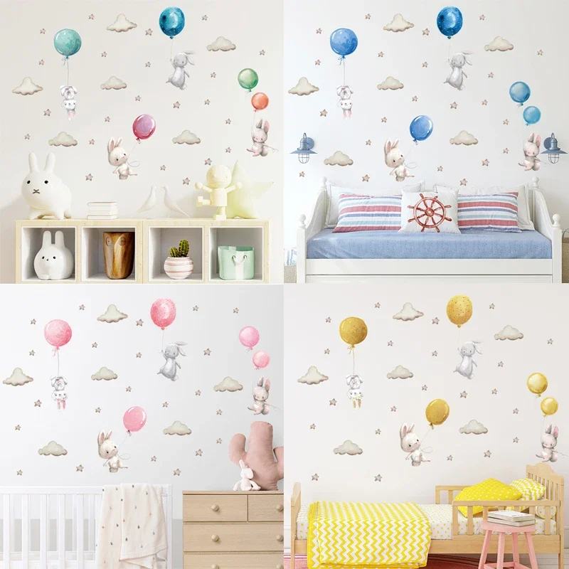 Pegatinas de pared de conejo de globo rosa de acuarela, decoración de habitación de niños, papel tapiz fotográfico para habitación de bebé,