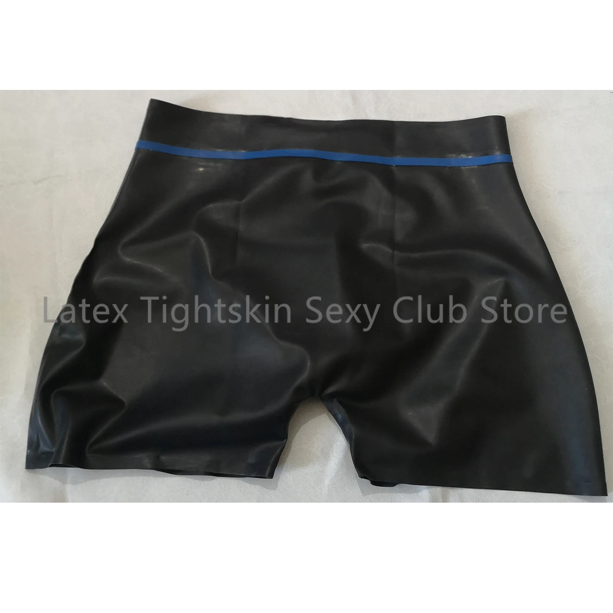 Sexy Man Latex Panties with Front Ring Hole Black with Blue Trim Shorts Rubber Boxer Underwear Fetish Handmade