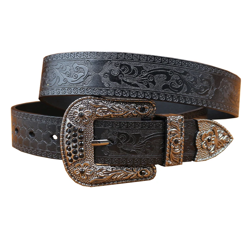 Western Flower Embossed Leather Men Belt Retro Flower Carved Rhinestone Zinc Buckle Women Belt For Jeans