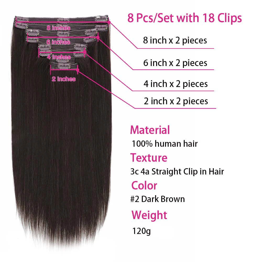 Clip In Hair Extensions Straight Human Hair Dark Brown Clip In Extensions Real Human Hair Extensions 8Pcs Clip Ins With 18 Clips