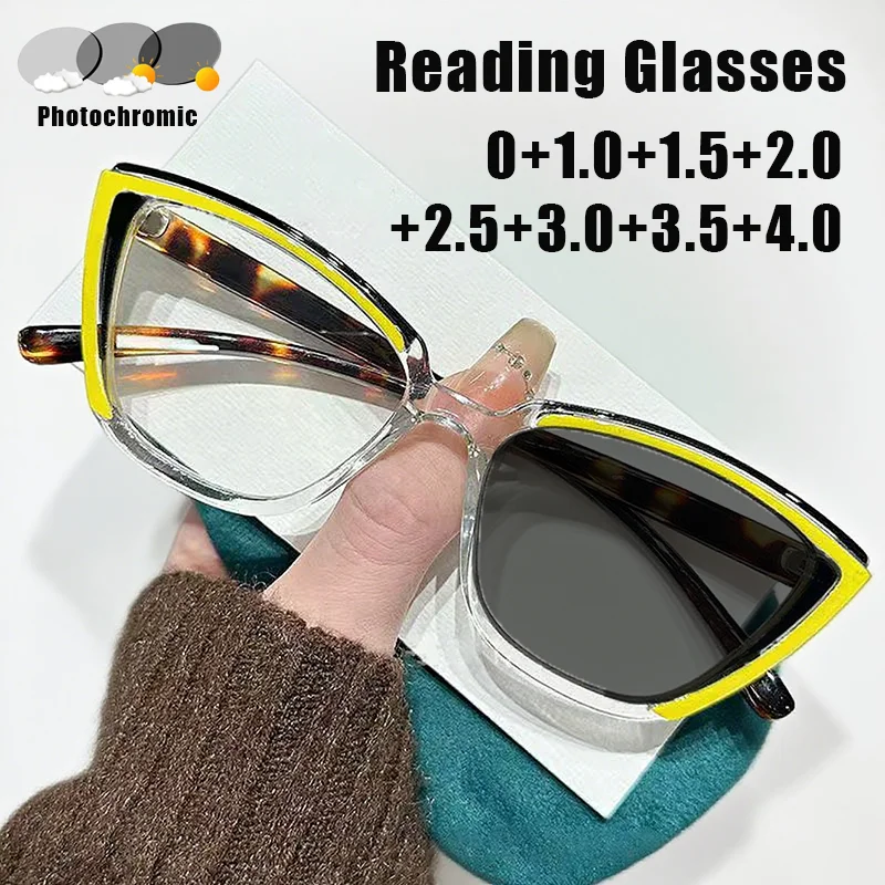 

2025 Vintage Colour Block Cat-eye Photochromic Presbyopia Glasses Personalized Large Frame Anti-blue Light Reading Glasses