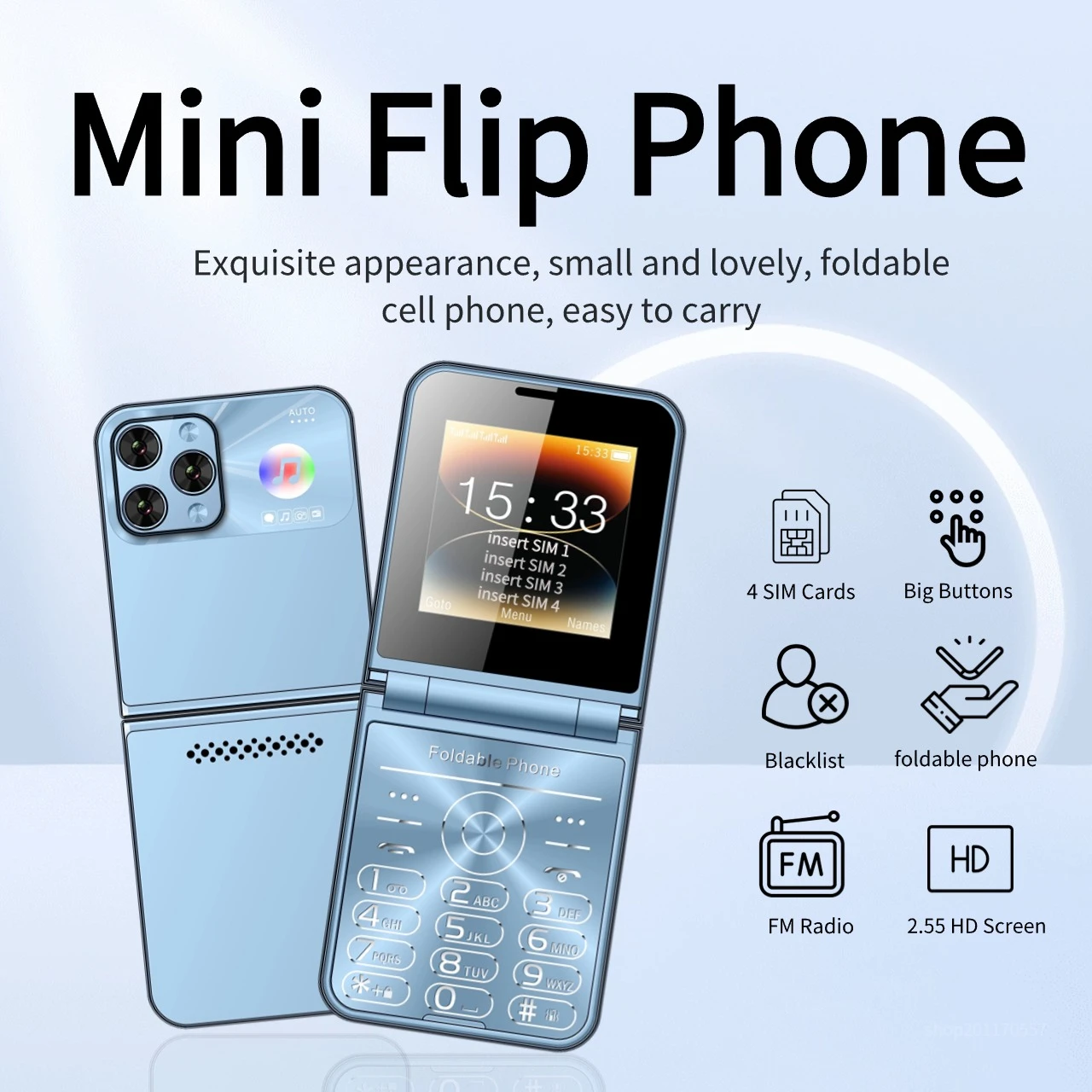 Adorable Unlocked Folding Tiny Mobile 4 SIM Card Flip Elderly Cellphone Torch Blacklist Oversized Button Slim Large Screen Phone