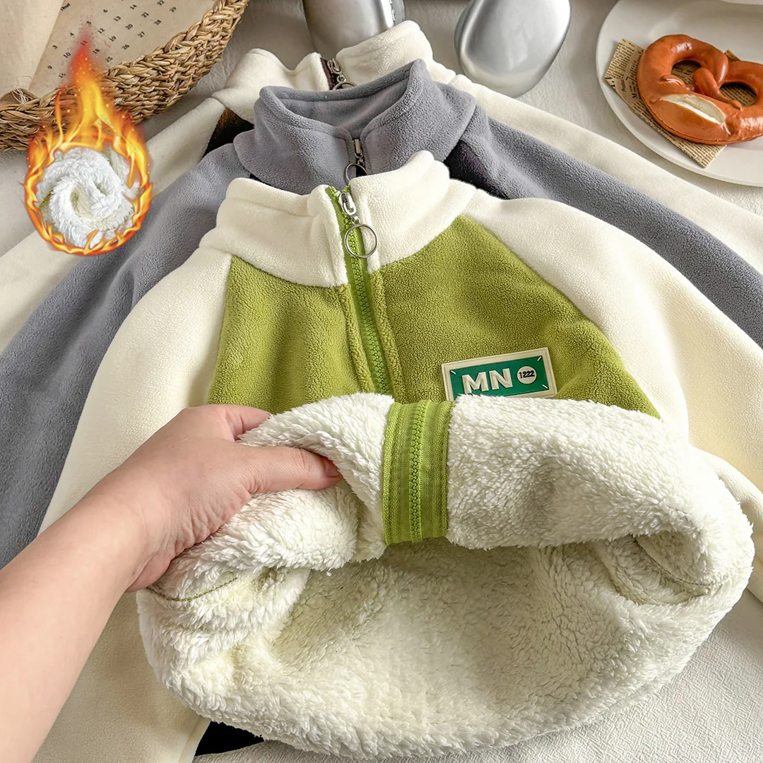 Autumn Winter Boys Trendy Fleece Thick Jacket Girls Color-Block Top Kids Soft Casual Baby Outfit Children Campus Sports Jacket