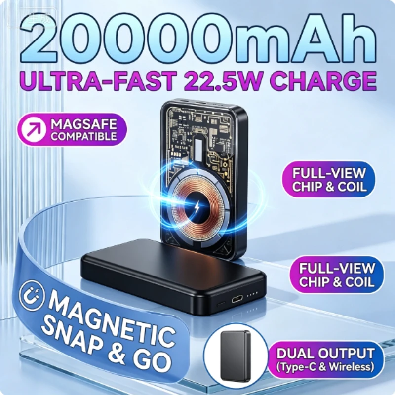 New 22.5W Magnetic Power Bank 20000mAh Fast Charging Power Bank Transparent Wireless Charging Bank for IPhone Xiaomi Samsung