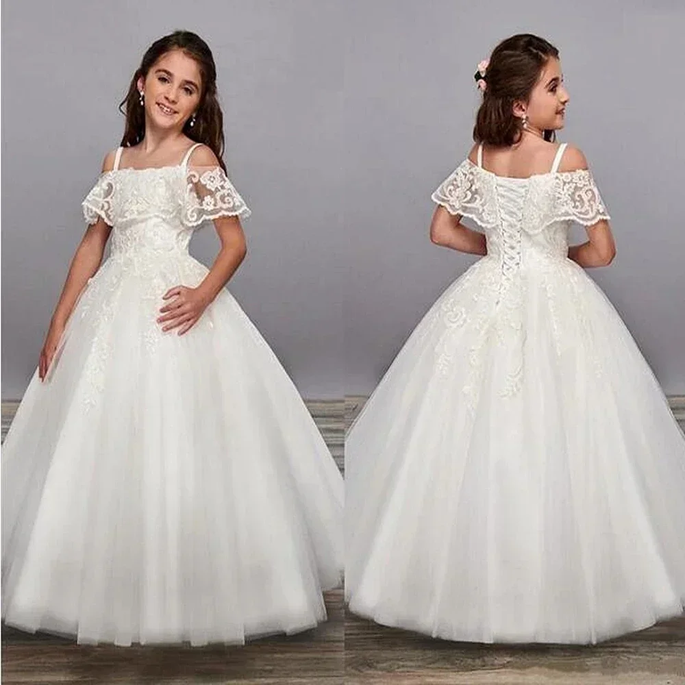 

Lace Flower Girl Dress Straight Neckline A-LINE Ankle-Length Children Girl Wedding Birthday Party First Communion Holiday Gown